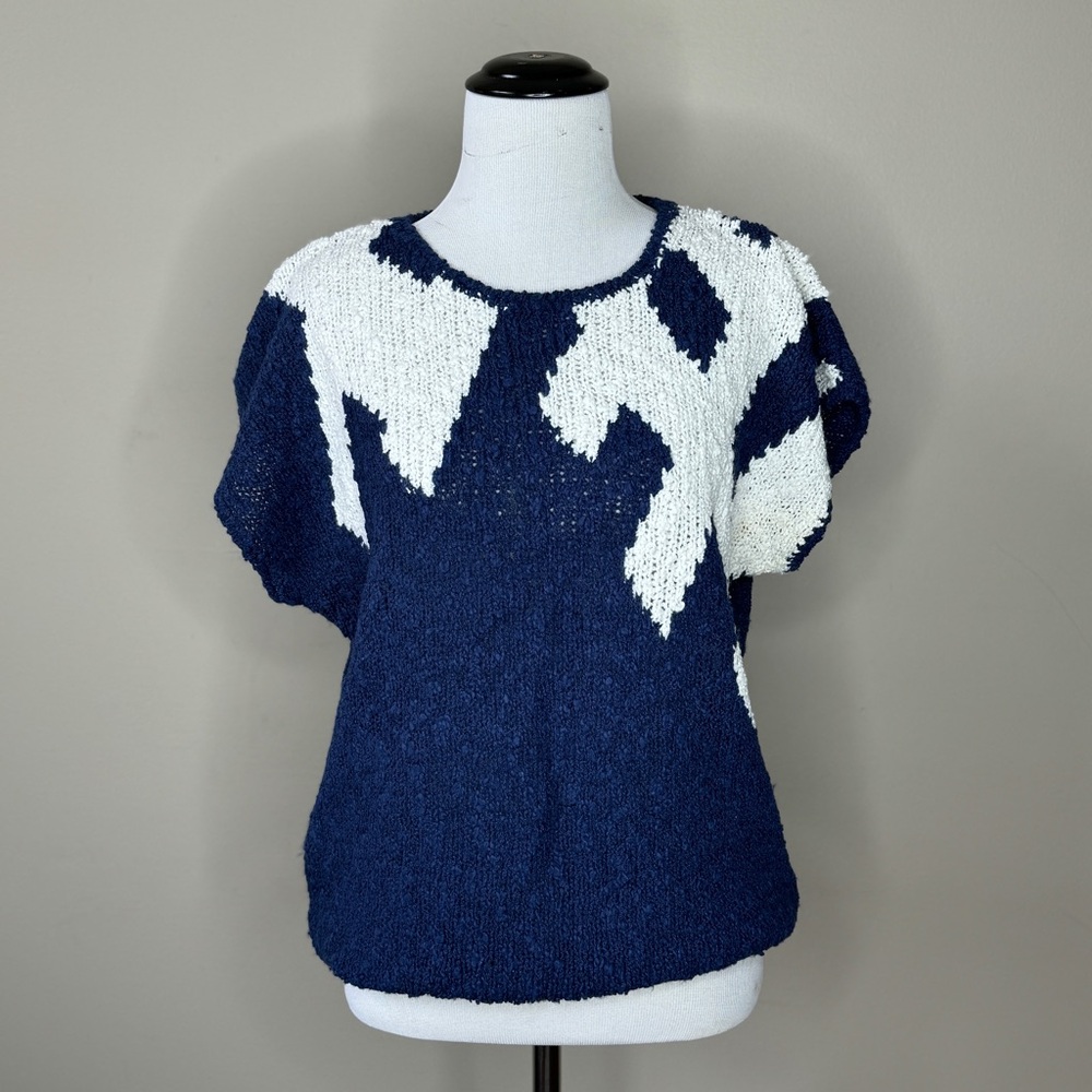 Vintage Maurada Size Medium 10-12 Top Sweater Navy Blue White Knit Cap Sleeve
